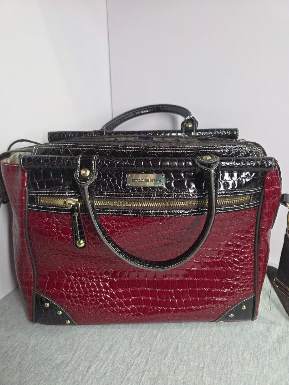 Samantha Brown Croc Embossed Patent Tote Burgundy Black